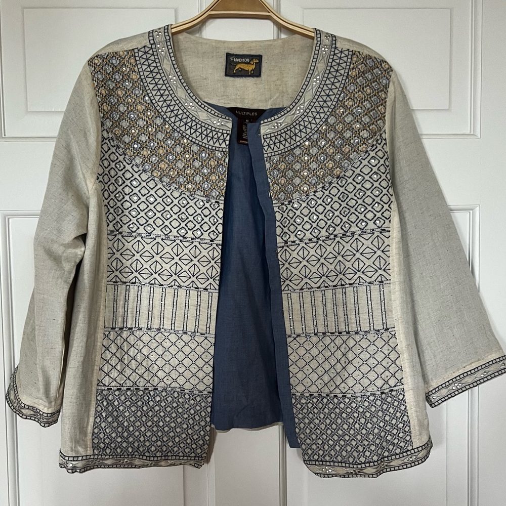 Multiples The Madison Boho Embroidered/Embellished Cotton Jacket Cream Blue Sz M